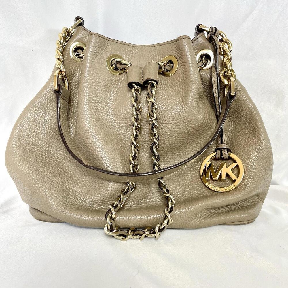 Michael Kors Hamilton Taupe Pebbled Leather Chain Drawstring Shoulder Bag